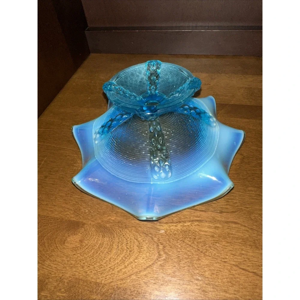 Northwood or Dugan Glass Pedestal Bowl Blue Opalescent Glass Antique 7.5